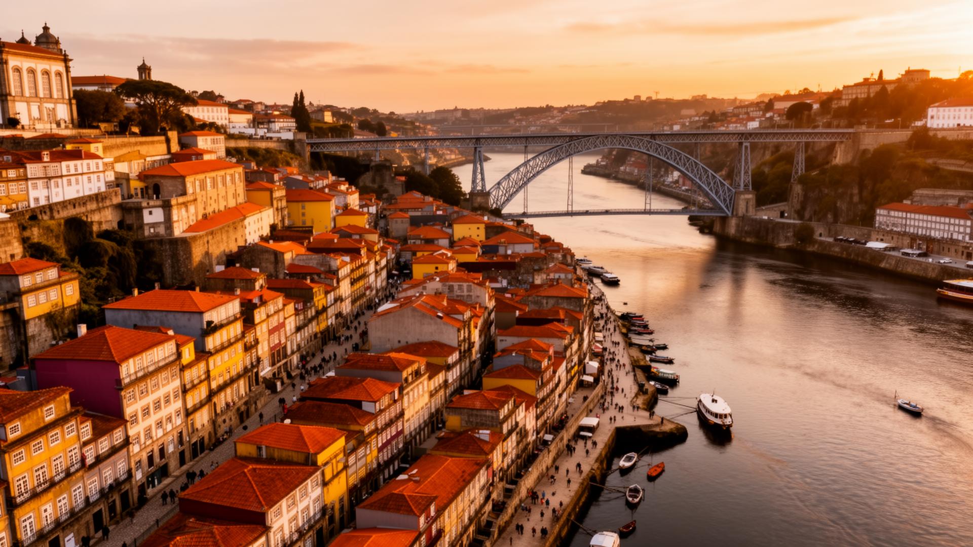 Porto Ribeira and the Dom Luís I bridge at golden hour
